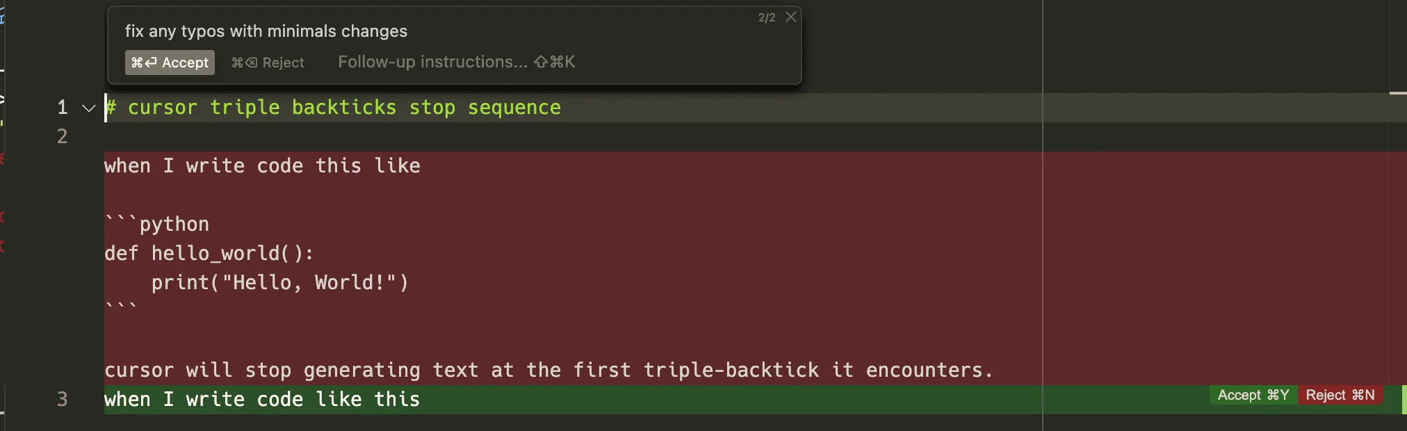 Screenshot showing Cursor&#x27;s chat interface stopping generation at a triple backtick in a markdown file