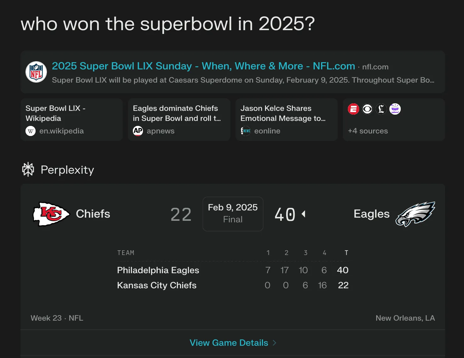Screenshot of Perplexity&#x27;s search results, showing the additional context gathered from internet search